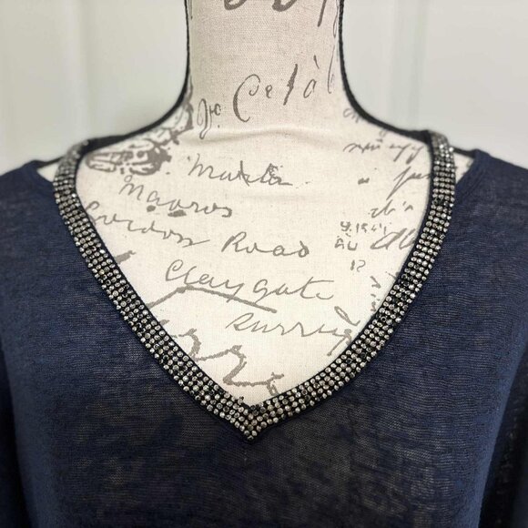 Women's Navy Blue Cold Shoulder QTR-Sleeve Knit Top with Gems around the V-Neck - Picture 2 of 7